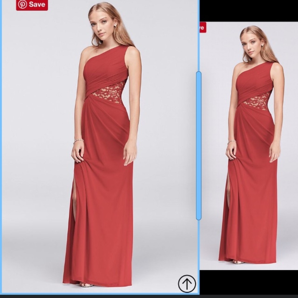 David’s Bridal One shoulder w/ lace in Guava